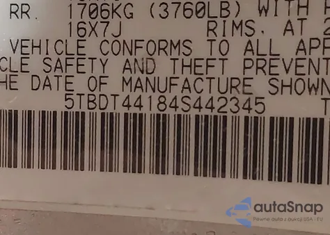 2004 Toyota Tundra Sr5 V8 from USA, damaged, VIN 5TBDT44184S442345